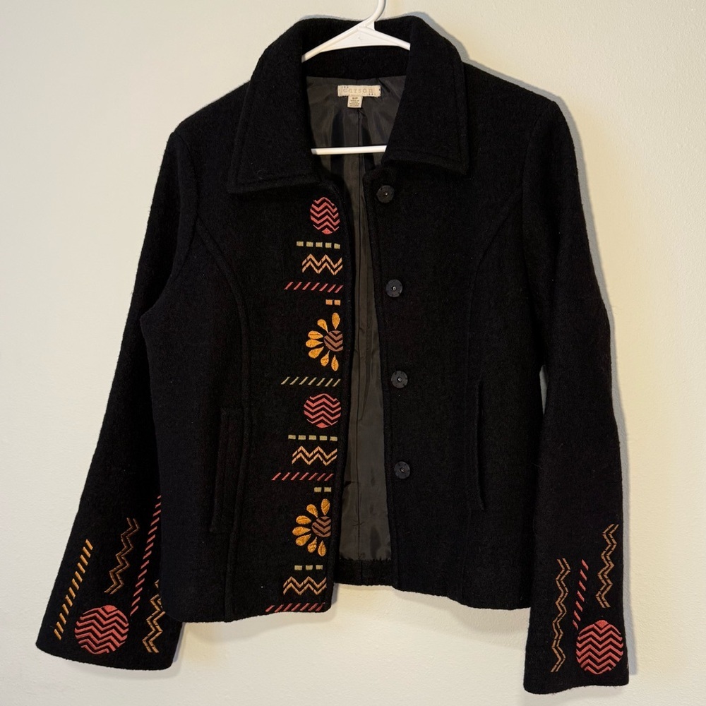 Carson Wool Coat with Embroidery Black Yellow Orange Red Fully Lined - Picture 1 of 8